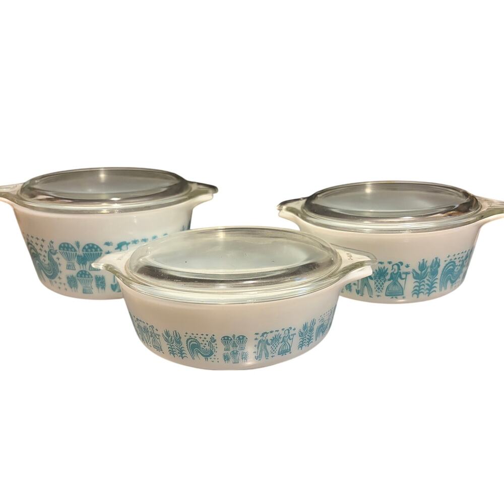 Vintage Pyrex Butterprint 471  472  473 Casserole Set 3 Lids Turquoise